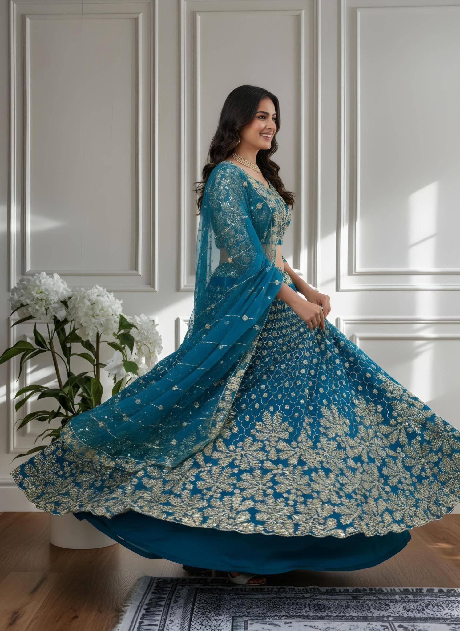 Shine in style with this beautifully Butterfly Net Rama Blue Lehenga choli retailers in Mumbai